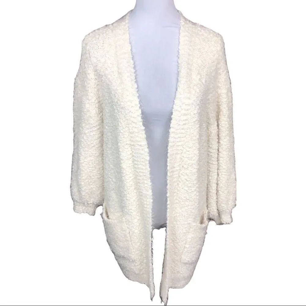 FRNCH Cardigan Open Front Drop Shoulder Popcorn Eyelash Knit Ivory Sweater S/M